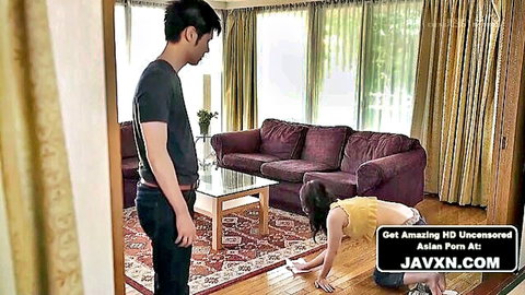 Hot Asian stepmom on hands and knees cleaning floor, teasing stepson