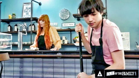 Redhead MILF stepmom in apron behind diner counter with stepson mopping in taboo roleplay