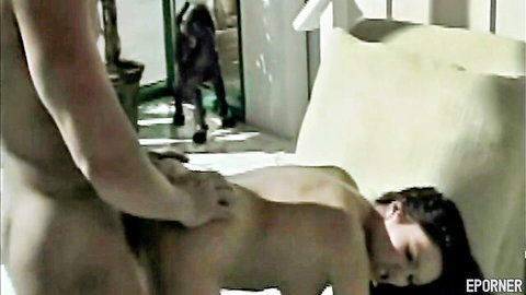 Vintage teen nude in steamy doggy style tease with man grabbing hips