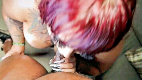 Tattooed pink-haired babe deepthroating massive BBC gripping shaft with long black nails