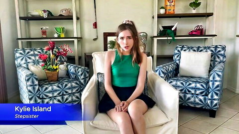 Kylie Island as surprised stepsister in green top and skirt, accidental oral tease