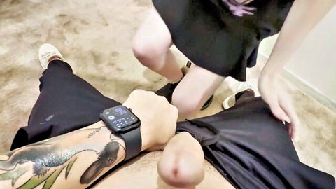 Asian tgirl stepsis in skirt teases stepbro's cock with sneaker foot