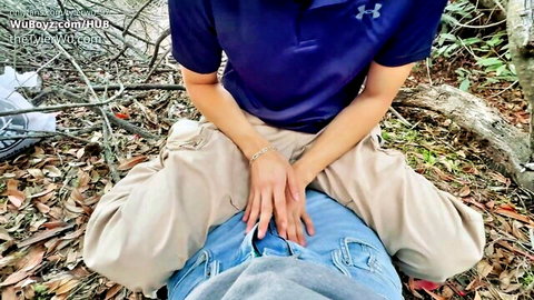 Tyler Wu in public outdoor gay sex on hiking trail, straddling partner