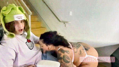 Tattooed ebony MILF in white lingerie bent over with surprised partner