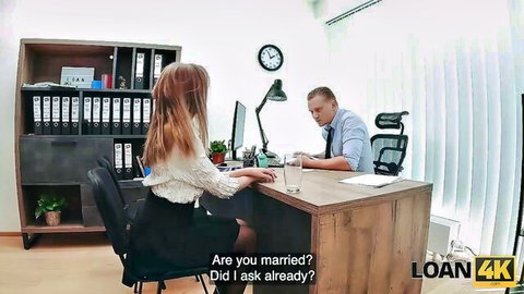 Redhead babe in tight skirt at desk with suited man in loan office scene