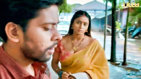 Desi Bhabhi in yellow saree with lover, big boobs tease outdoors