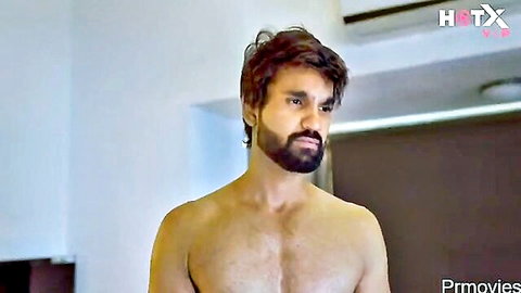 Shirtless bearded Indian man with intense gaze in Body Heat Web Series
