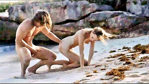 Nude blonde in doggy style with muscular man on sunny beach outdoor sex