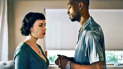 Olive Glass short hair beauty in intimate interracial moment with black stud