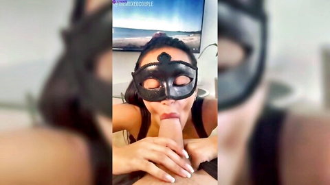 Danish Arab Jasmin in lace mask sucking dildo closeup