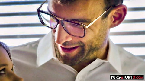 Bearded man in glasses smiling at dark-haired woman in close-up intimate scene