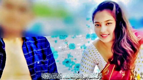 Beautiful young Indian babe in white saree smiles seductively with blurred man in blue shirt