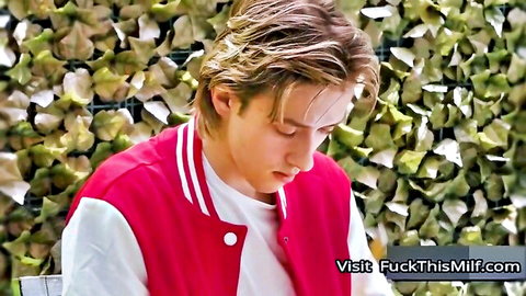 Young stepson in red varsity jacket gazes down in BBW MILF tease
