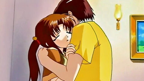 Anime step-sister intimately hugging brother in warm embrace