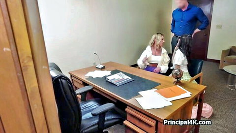 Blonde coed and PE coach sharing cock on head teacher's desk