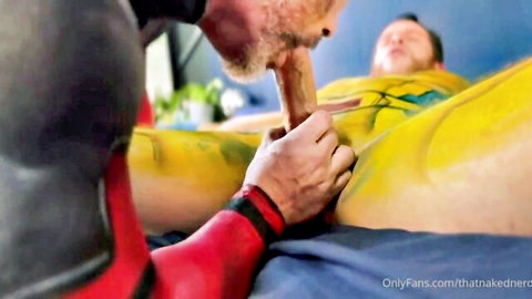 Deadpool cosplay giving blowjob to Wolverine in Halloween gay porn