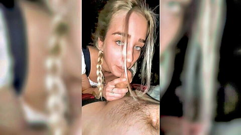 Blonde pigtail teen babe kisses hairy cock in amateur homemade POV blowjob