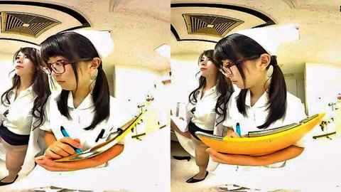 Two sexy Japanese nurses in tight white uniforms glasses ponytails holding yellow clipboard teasing POV