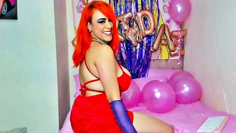 Redhead Jessica Rabbit cosplay babe with massive tits and huge ass teasing on birthday bed