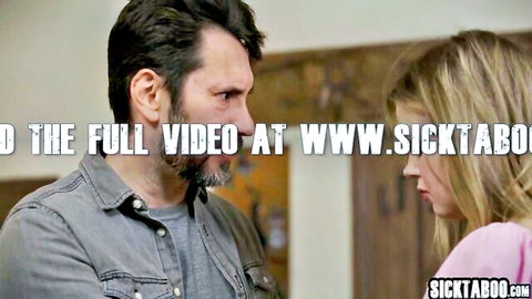 Bearded man intensely confronts young blonde teen girl in pink top indoors