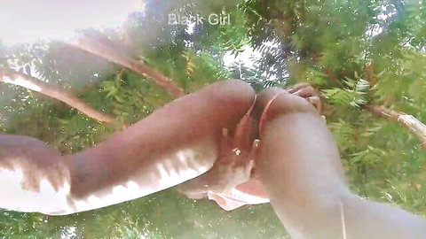 Black girl intensely masturbates outdoors in woods after passionate sex