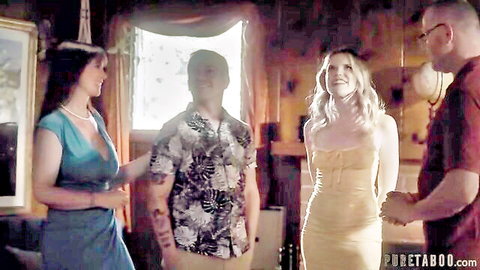 Syren De Mer and Nikki Sweet in sexy dresses with friends in home movies scene