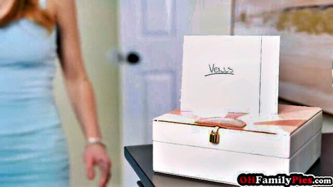 Kinky redhead stepsister in blue dress teases with locked box