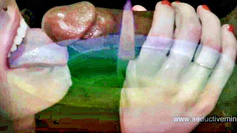 Seductive woman with red nails teases erect cock in femdom gay hypno scene