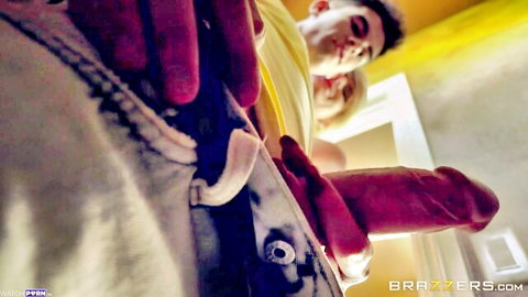 POV of hands holding massive erect cock towards smiling blonde's white panty crotch