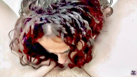 Redhead deepthroats cock burying face in bushy dark pubes closeup