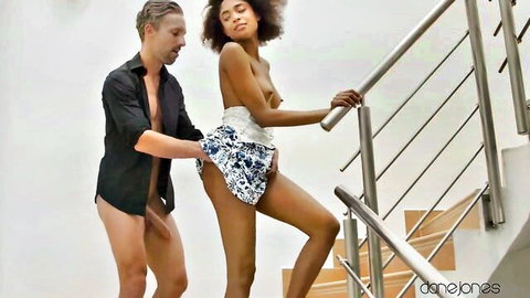 Luna Corazon topless black beauty with ass exposed on stairs during steamy encounter