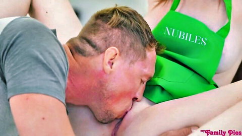 Harley Love in sexy green apron, stepdad sucking her tits in MyFamilyPies Halloween pie scene