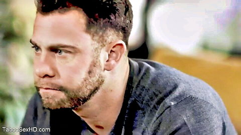 Bearded guy in gray shirt talks girl into blowjob, intimate persuasion scene