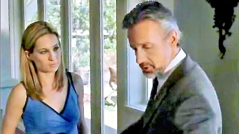Hot blonde stepmom in blue dress seduced by suited son