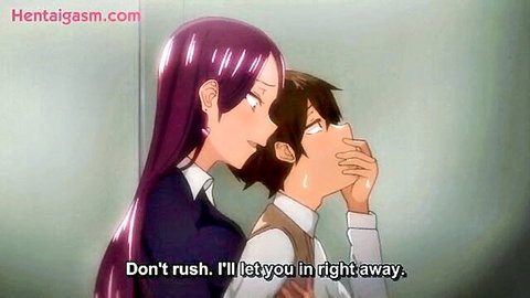 Purple-haired hentai schoolgirl seduces sweaty teen boy whispering she'll let him in her pussy