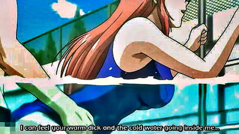 Anime redhead big sister in blue swimsuit enjoys pool water penetration