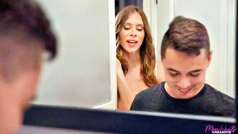 Anya Olsen topless smiling at stepson in bathroom mirror tease