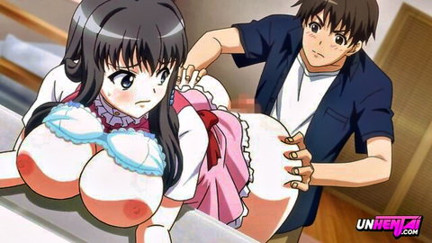 Anime girl with huge exposed tits in frilly pink dress grabbed by surprised guy from behind