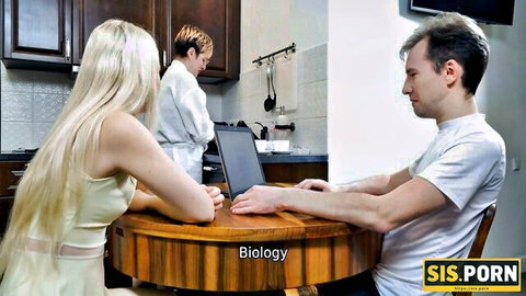 Nikki Hill as slim blonde stepsister with stepbrother at kitchen table