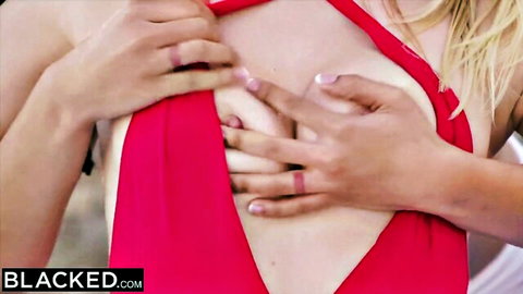 Natalia Starr's breasts fondled by Kira Noir in red dress