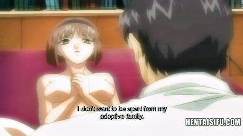 Busty nude hentai girl covers huge tits pleading not to leave adoptive family