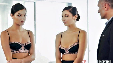 Two glamorous Asian teen sluts in lace lingerie teasing suited man in threesome