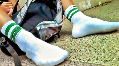 Liam's school feet in white socks with green stripes, foot fetish tease