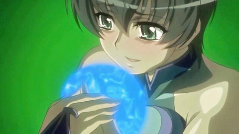 Anime witch girl with short hair holding glowing blue orb, smiling blush in hentai ep2
