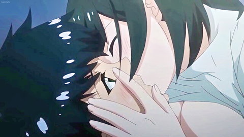 Passionate anime kiss between green-haired girl and boy in Kimi ga Suki Ep.2