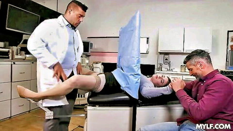 Black doctor examines pregnant-bound wife in stockings with cuckold husband watching