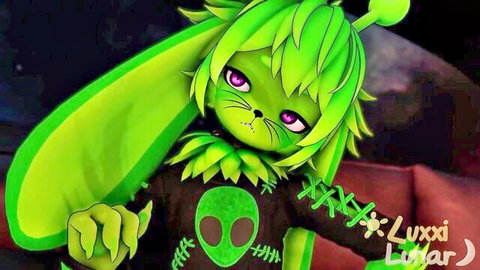 Cute green alien hentai catgirl with antennae and claws posing seductively in UFO t-shirt