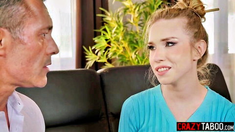 Blonde big booty babe in blue top with older man, taboo couch chat