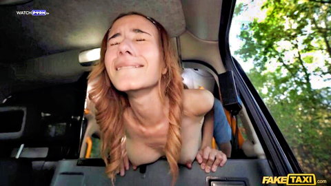 Little Chloe nude redhead in FakeTaxi car, ecstatic blowjob pose