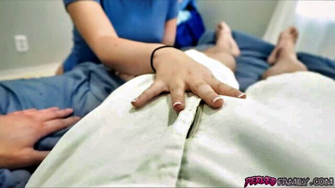Step sis in nurse scrubs teases stepbro's unzipped pants, handjob beg